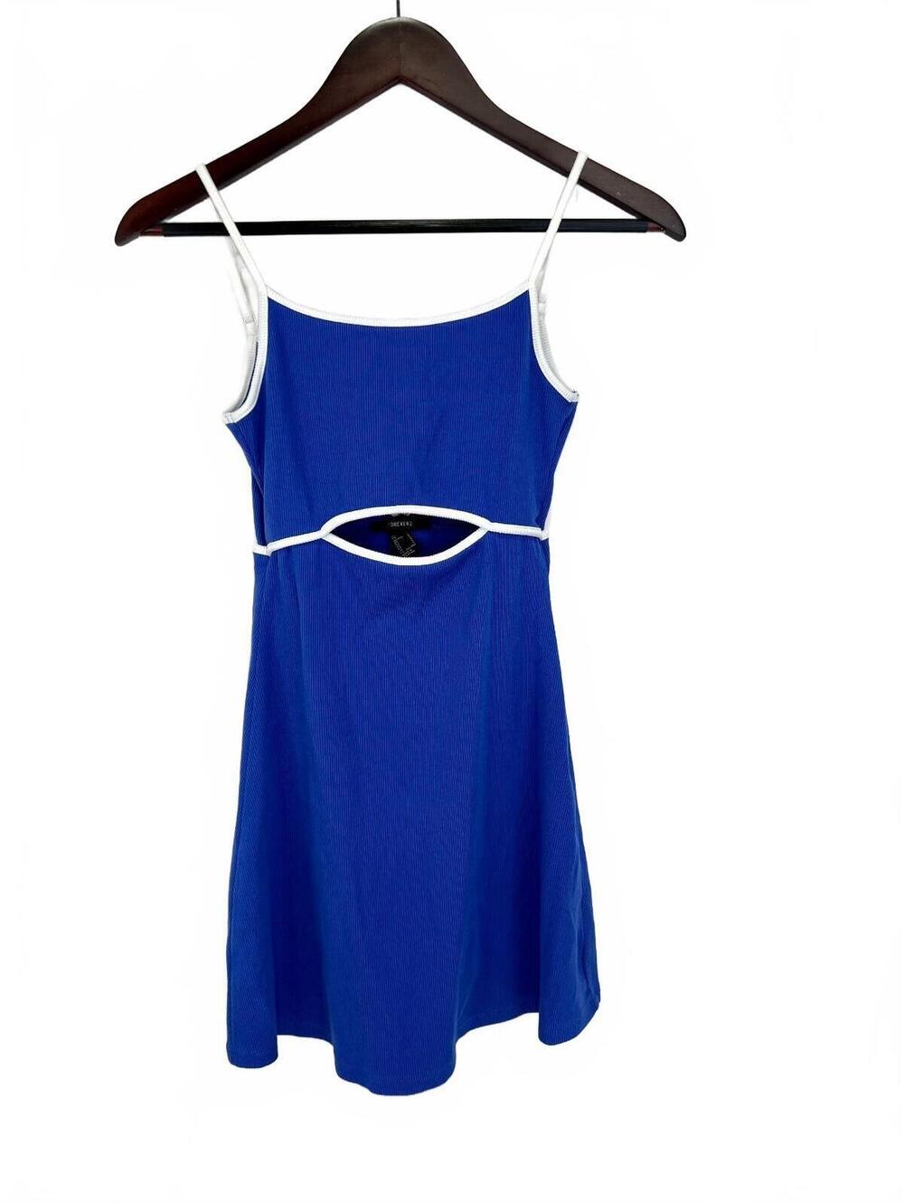 Forever 21 Blue Ribbed Knit Mini Dress with White Trim and Cutout Detail, Size S
